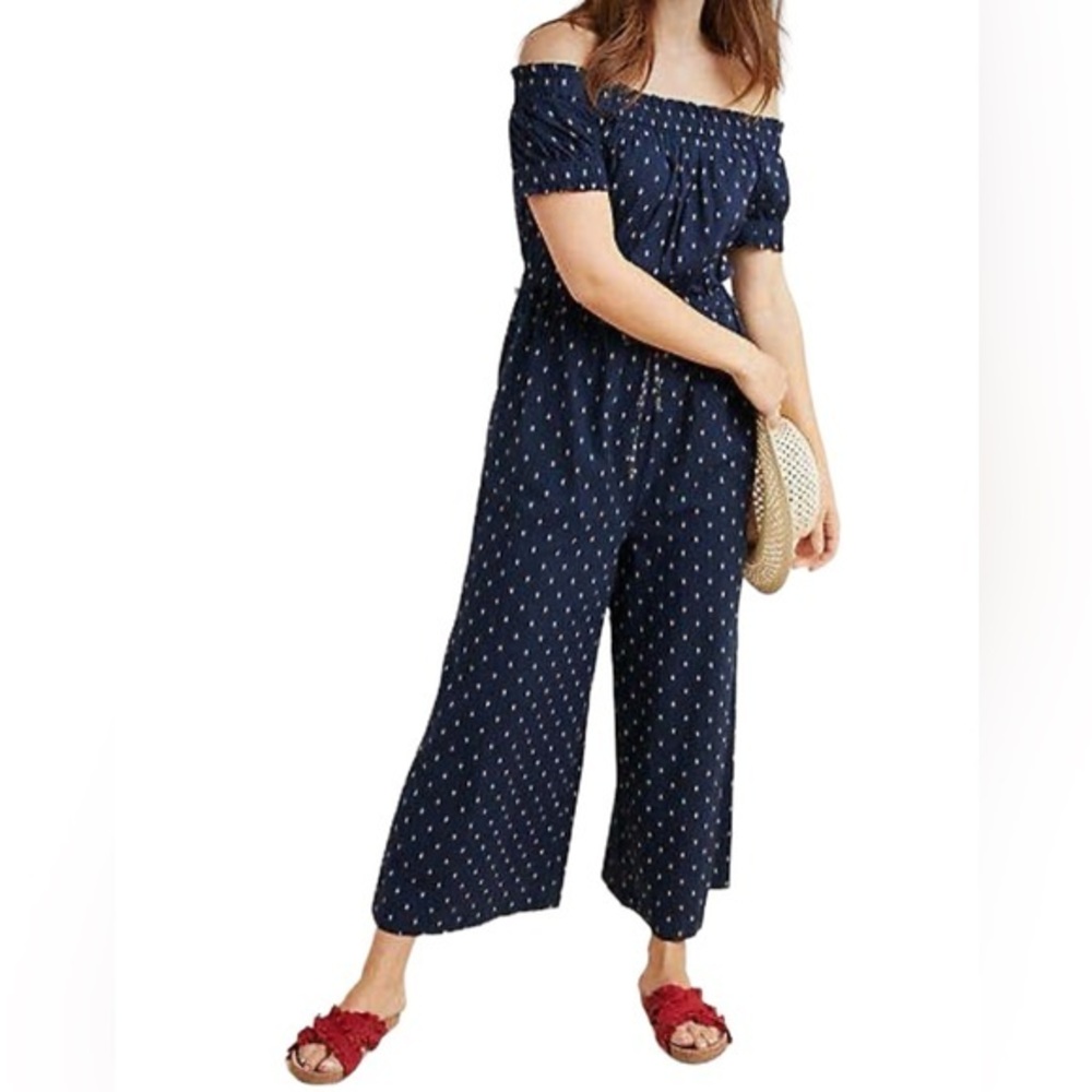Women’s Navy Polka Dot Split Leg Romper Jumpsuit Size Small Summer Short Sleeve